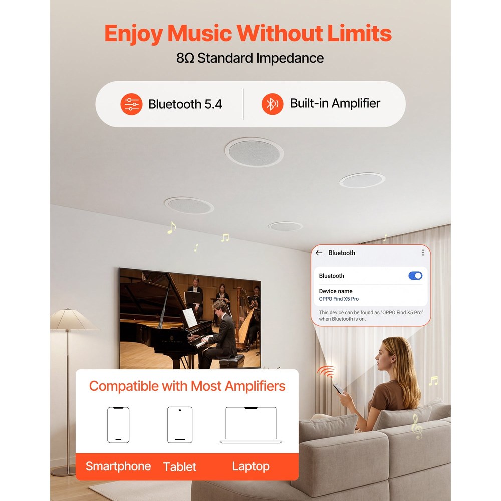 Bluetooth Ceiling Speakers, 6.5", In Ceiling & In-Wall Speaker System