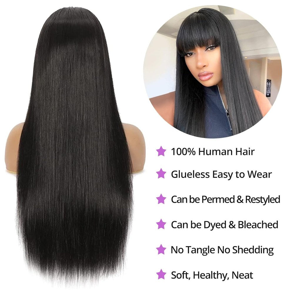 Machine-made Straight Human Hair Wig With Bangs, Natural Color