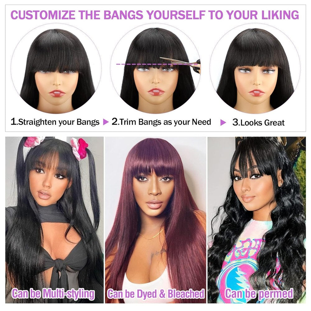 Machine-made Straight Human Hair Wig With Bangs, Natural Color