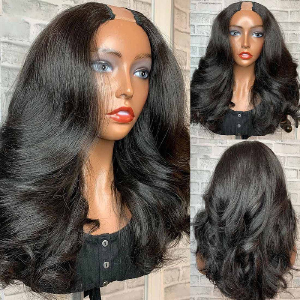 V-Part Human Hair Wig Body Wave, Natural Color, Density — product photo